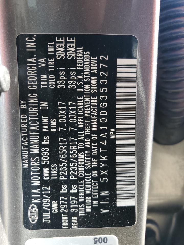2013 KIA Sorento VIN 5XYKT4A10DG353272 Copart auction photo, side / front end damage thumbnail 13