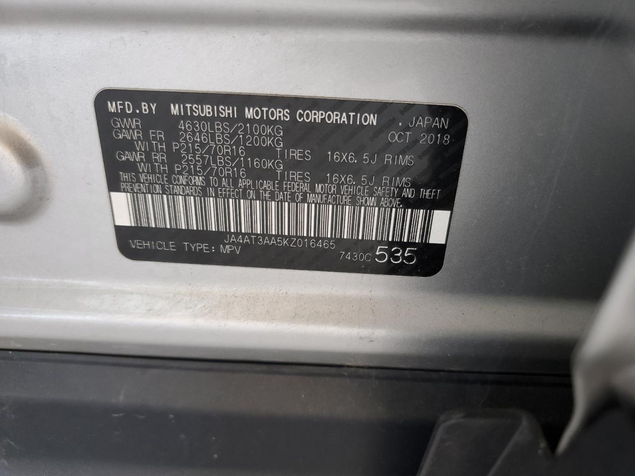 2019 Mitsubishi Eclipse VIN JA4AT3AA5KZ016465 Copart auction photo, undercarriage damage thumbnail 13