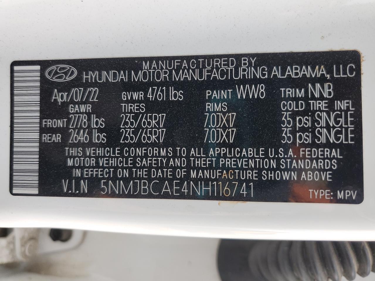 2022 Hyundai Tucson VIN 5NMJBCAE4NH116741 Copart auction photo, side / hail damage thumbnail 12