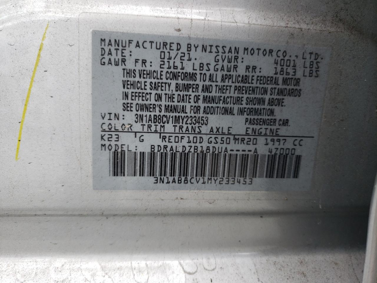 2021 Nissan Sentra VIN 3N1AB8CV1MY233453 Copart auction photo, rear end damage thumbnail 12