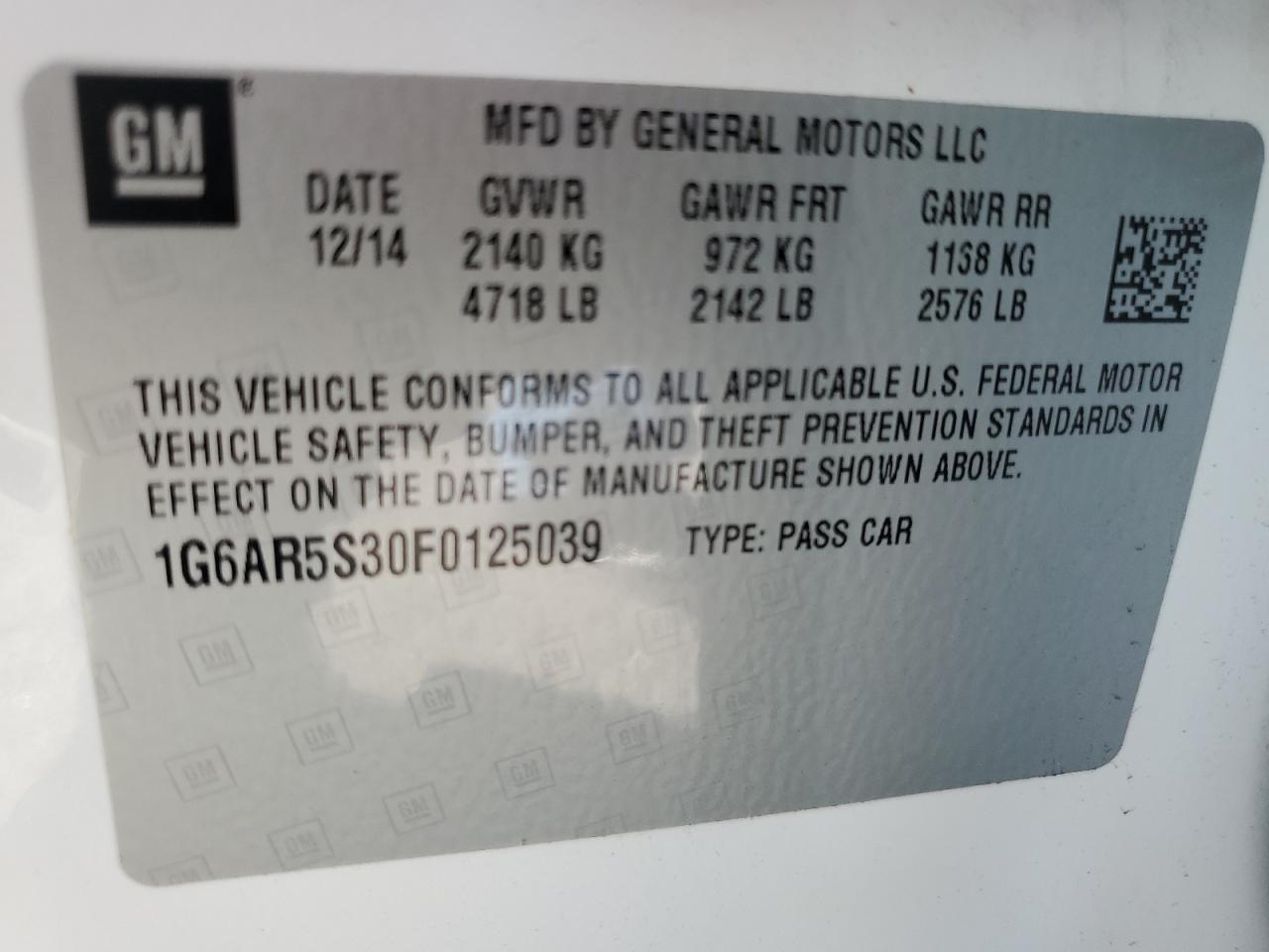 2015 Cadillac CTS VIN 1G6AR5S30F0125039 Copart auction photo, side / undercarriage damage thumbnail 12