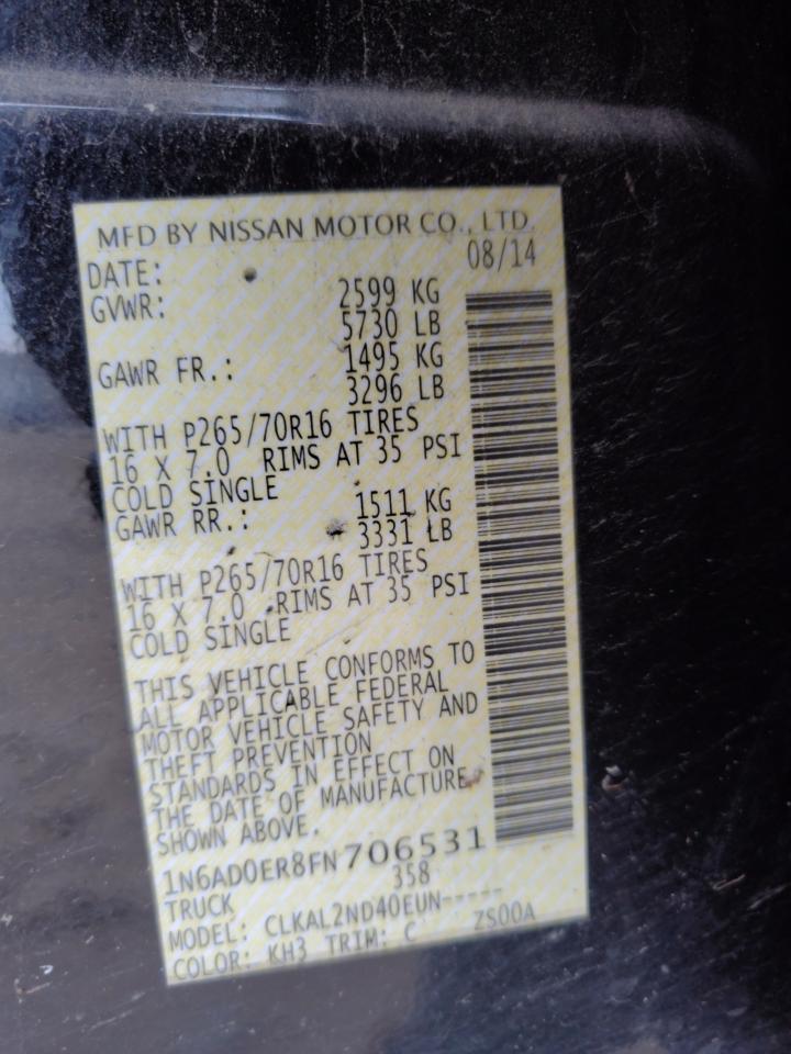 2015 Nissan Navara (Frontier) VIN 1N6AD0ER8FN706531 Copart auction photo, front end / side damage thumbnail 12