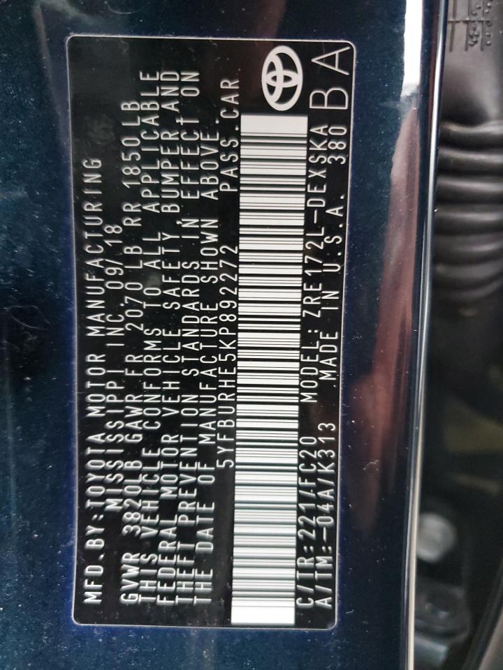 2019 Toyota Corolla VIN 5YFBURHE5KP892272 Copart auction photo, all over damage thumbnail 12