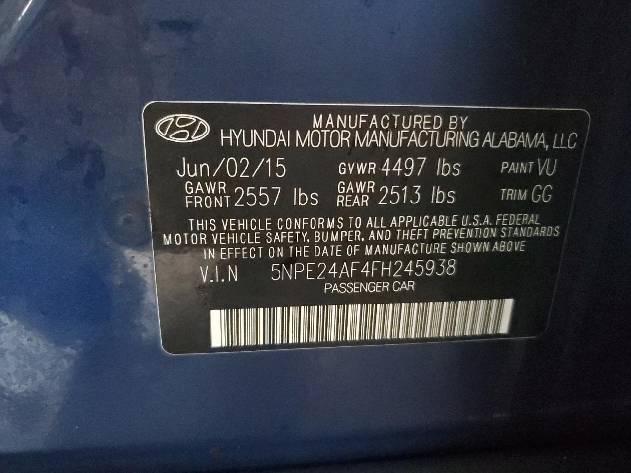 2015 Hyundai Sonata VIN 5NPE24AF4FH245938 Copart auction photo, front end damage thumbnail 12