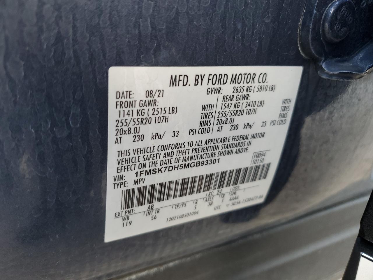2021 Ford Explorer VIN 1FMSK7DH5MGB93301 Copart auction photo, front end / side damage thumbnail 15