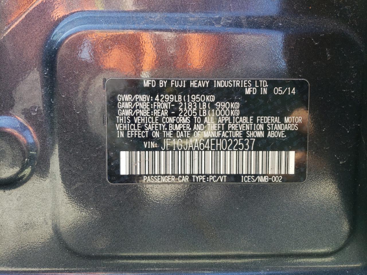 2014 Subaru Impreza VIN JF1GJAA64EH022537 Copart auction photo, minor dent/scratches damage thumbnail 12