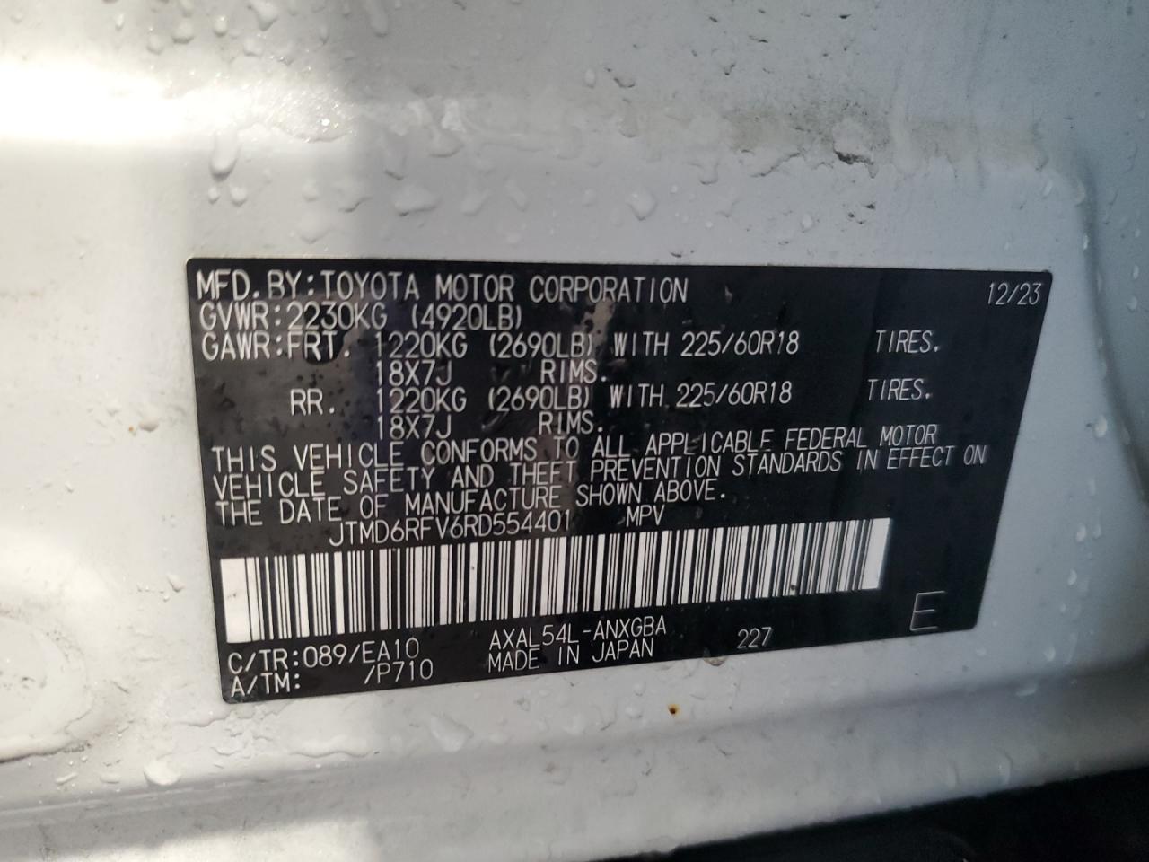 2024 Toyota RAV 4 VIN JTMD6RFV6RD554401 Copart auction photo, front end damage thumbnail 13