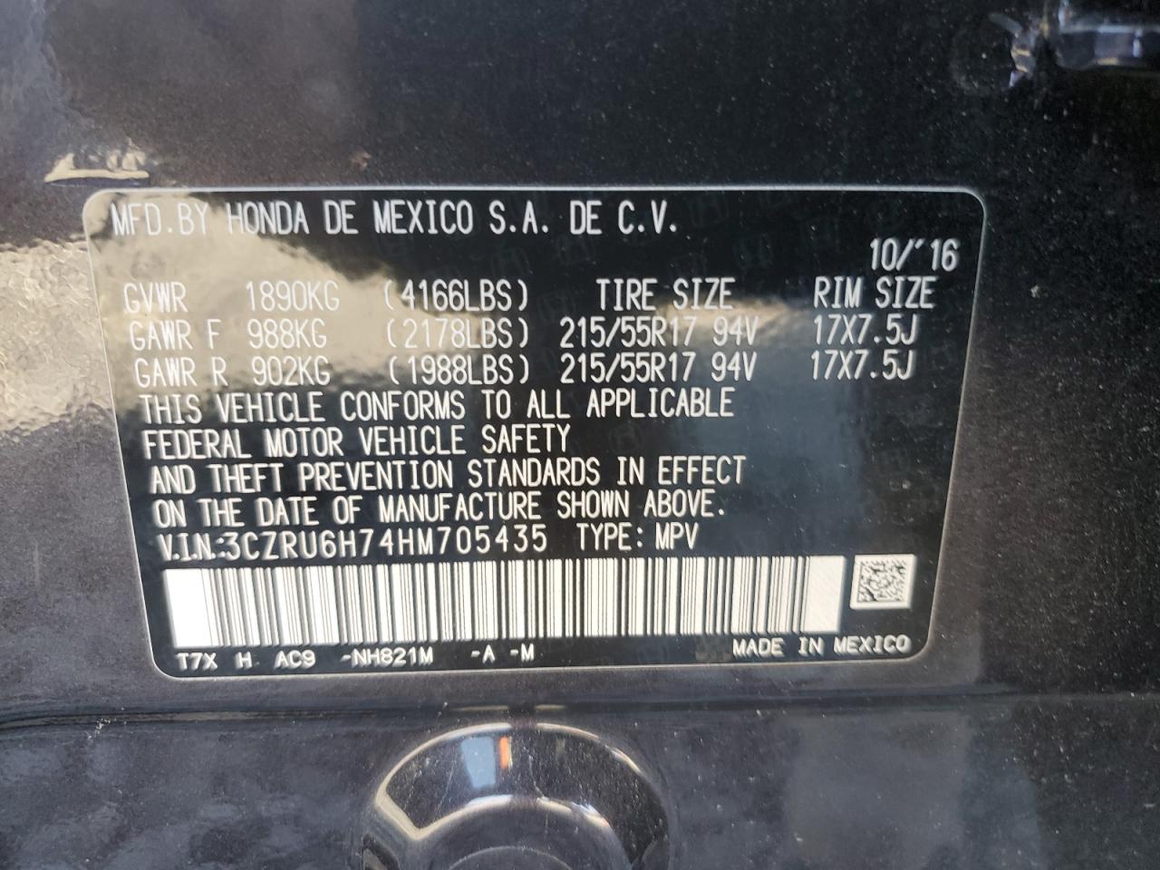 2017 Honda HR-V VIN 3CZRU6H74HM705435 Copart auction photo, side / front end damage thumbnail 13
