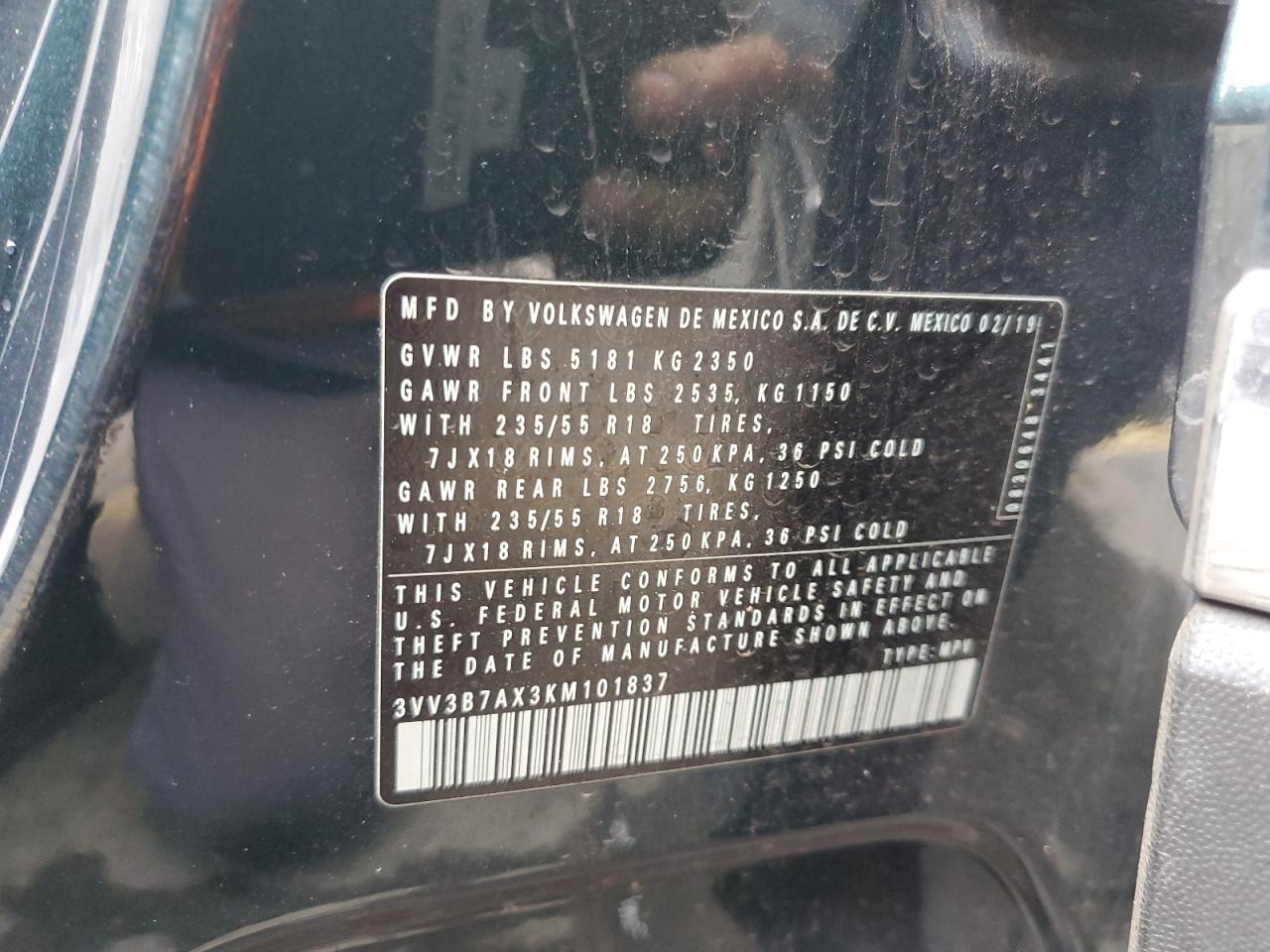 2019 Volkswagen Tiguan VIN 3VV3B7AX3KM101837 Copart auction photo, front end damage thumbnail 14