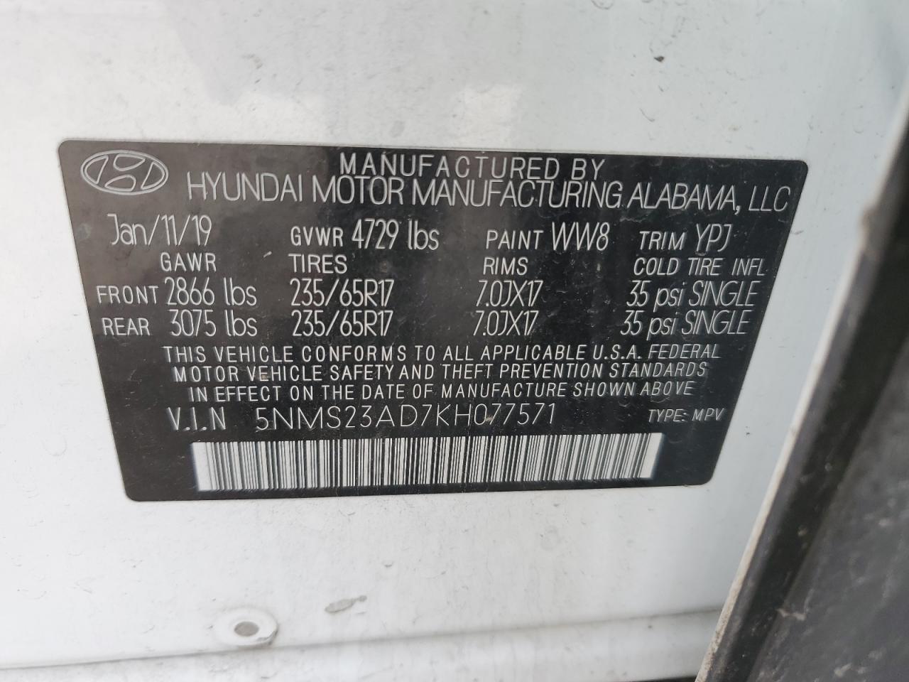 2019 Hyundai Santa Fe VIN 5NMS23AD7KH077571 Copart auction photo, front end / minor dent/scratches damage thumbnail 13