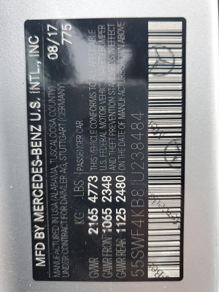 2018 Mercedes-Benz C-klasse VIN 55SWF4KB8JU238484 Copart auction photo, front end damage thumbnail 12
