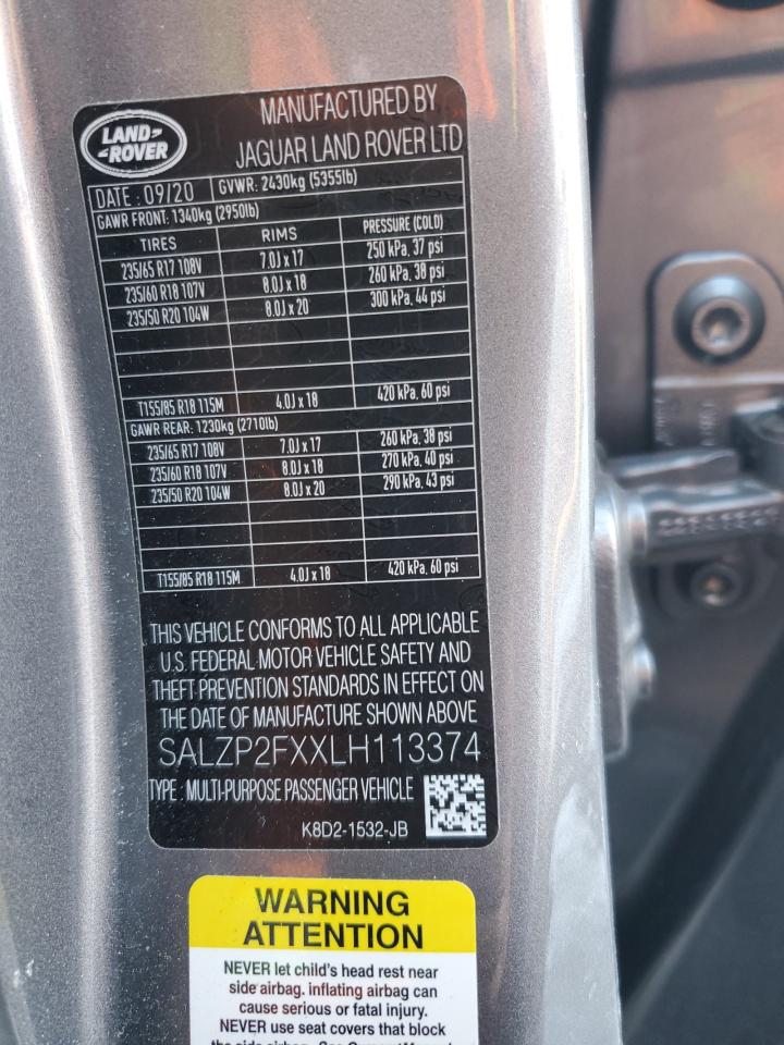 2020 Land Rover Range Rover VIN SALZP2FXXLH113374 Copart auction photo, hail / front end damage thumbnail 15