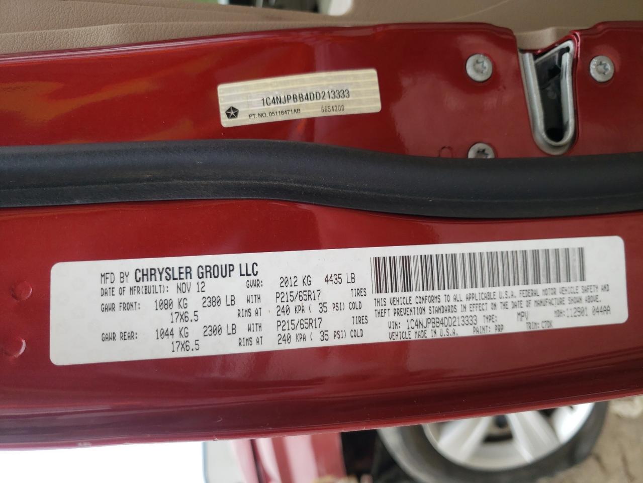 2013 Jeep Liberty (Patriot) VIN 1C4NJPBB4DD213333 Copart auction photo, front end damage thumbnail 13