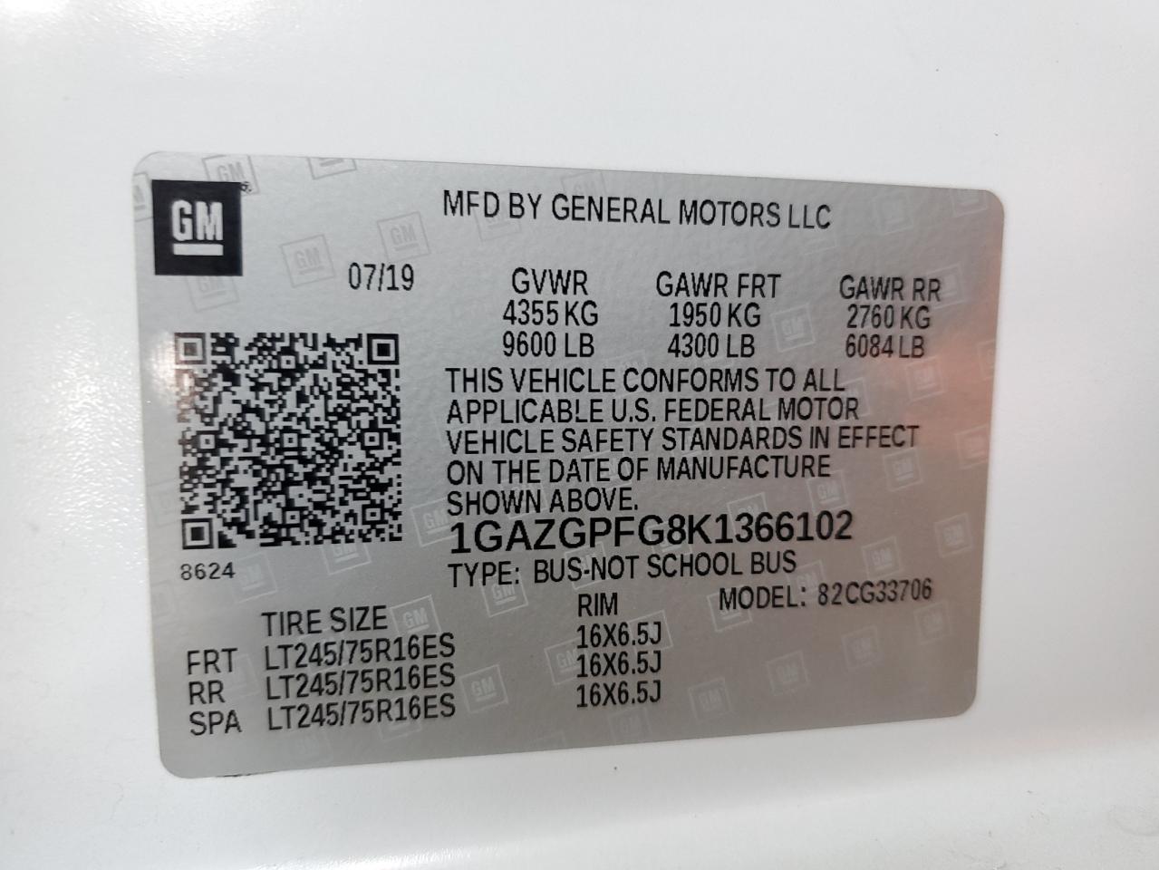 2019 Chevrolet Express VIN 1GAZGPFG8K1366102 Copart auction photo, normal wear damage thumbnail 13