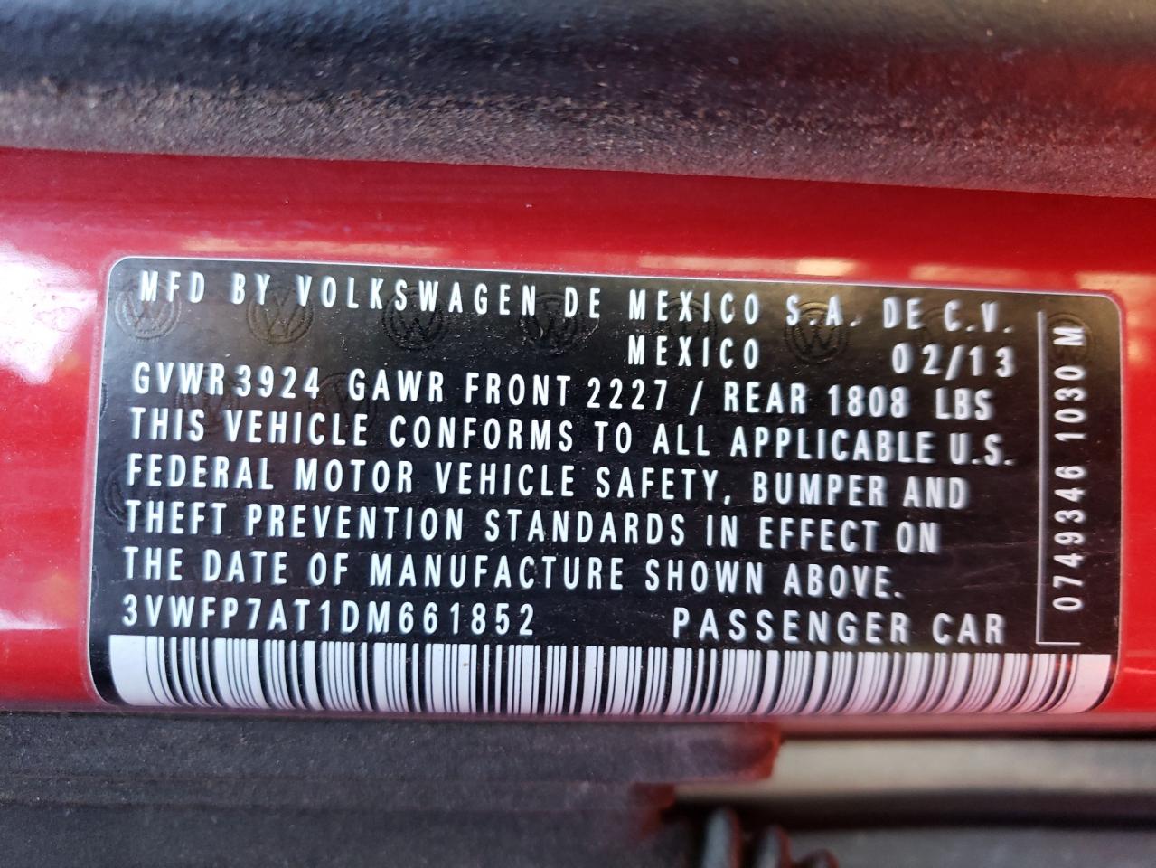 2013 Volkswagen Beetle VIN 3VWFP7AT1DM661852 Copart auction photo, front end / hail damage thumbnail 12