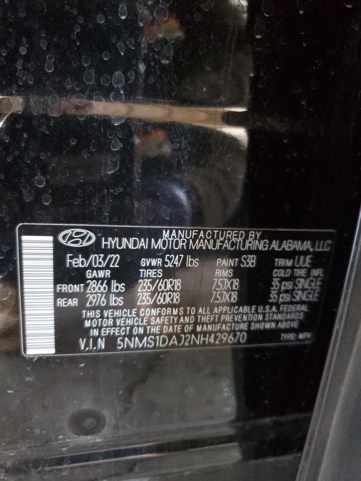 2022 Hyundai Santa Fe VIN 5NMS1DAJ2NH429670 Copart auction photo, side / front end damage thumbnail 12
