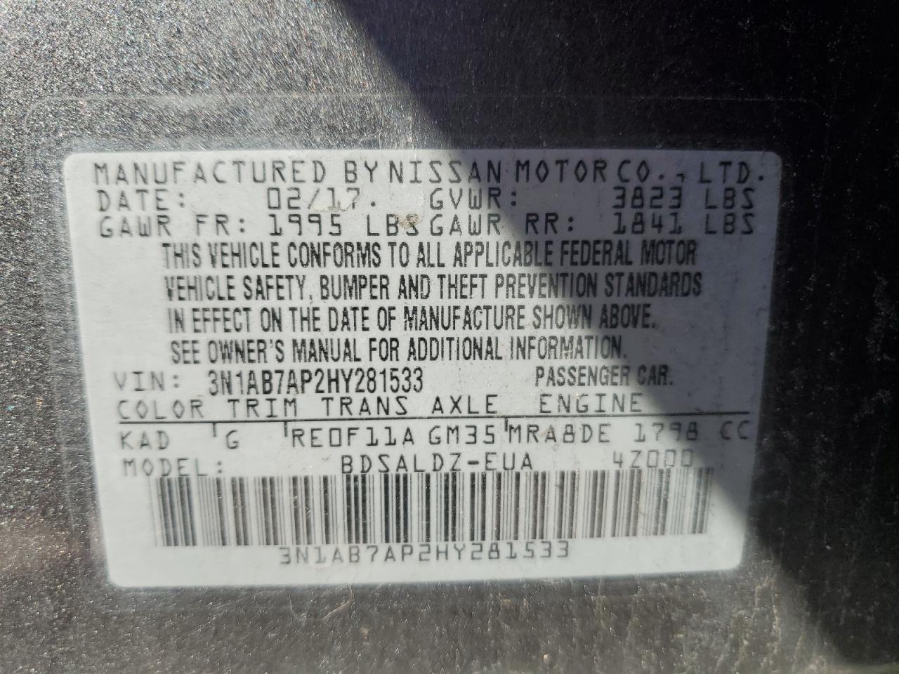 2017 Nissan Sentra VIN 3N1AB7AP2HY281533 Copart auction photo, front end damage thumbnail 12