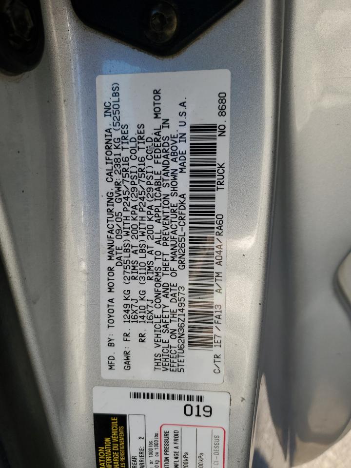 2006 Toyota Tacoma VIN 5TETU62N36Z149573 Copart auction photo, all over damage thumbnail 15