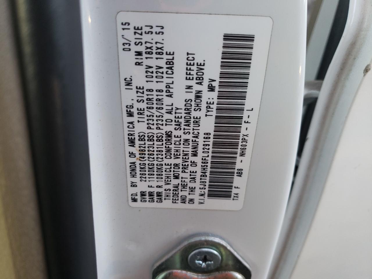 2015 Acura RDX VIN 5J8TB4H56FL029168 Copart auction photo, rear end damage thumbnail 15