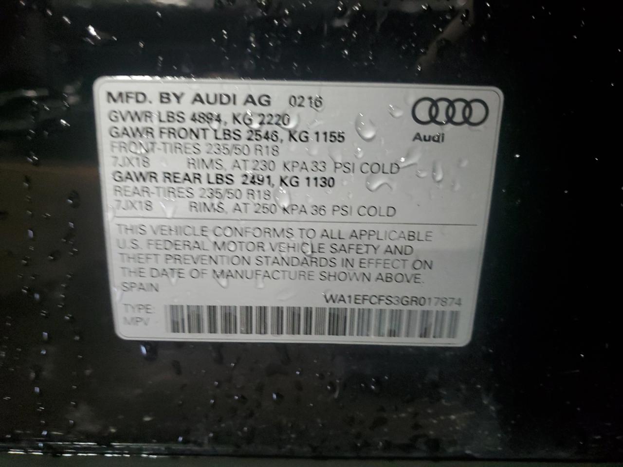 2016 Audi Q3 VIN WA1EFCFS3GR017874 Copart auction photo, front end damage thumbnail 13