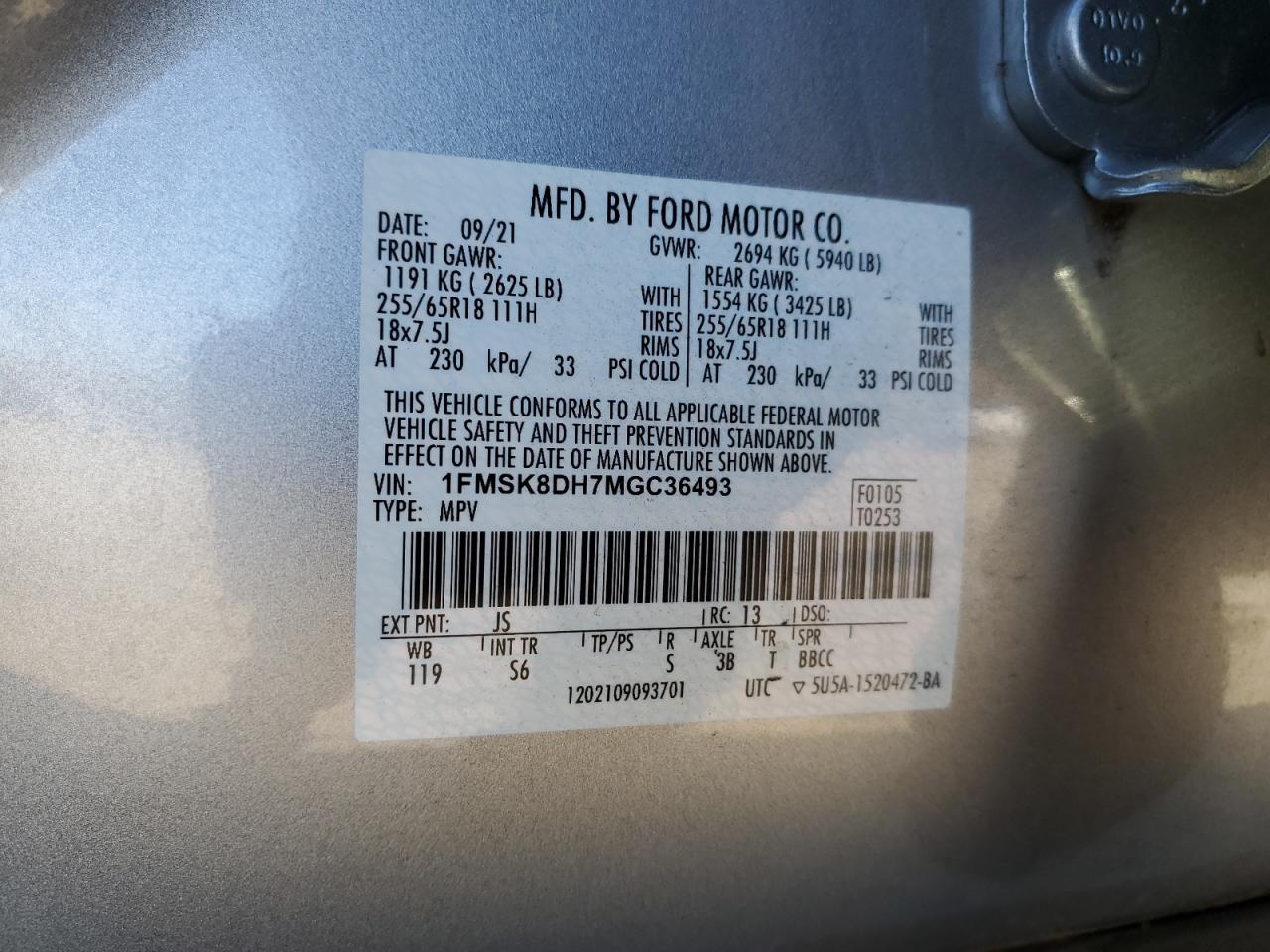 2021 Ford Explorer VIN 1FMSK8DH7MGC36493 Copart auction photo, front end / minor dent/scratches damage thumbnail 14