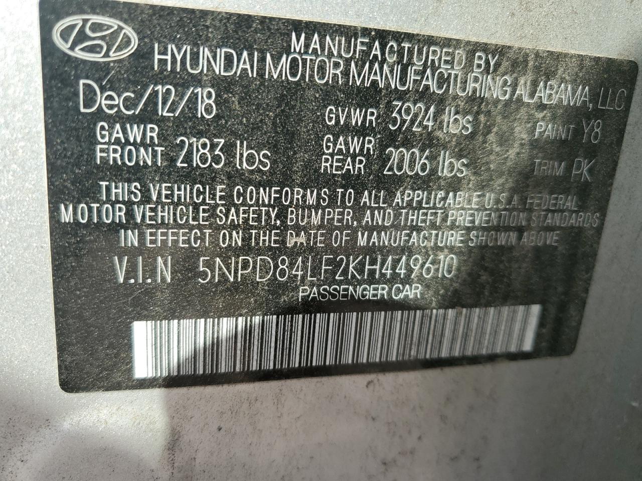 2019 Hyundai Elantra VIN 5NPD84LF2KH449610 Copart auction photo, front end damage thumbnail 12