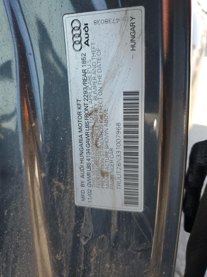 2003 Audi TT VIN TRUUT28N331007968 Copart auction photo, mechanical damage thumbnail 12
