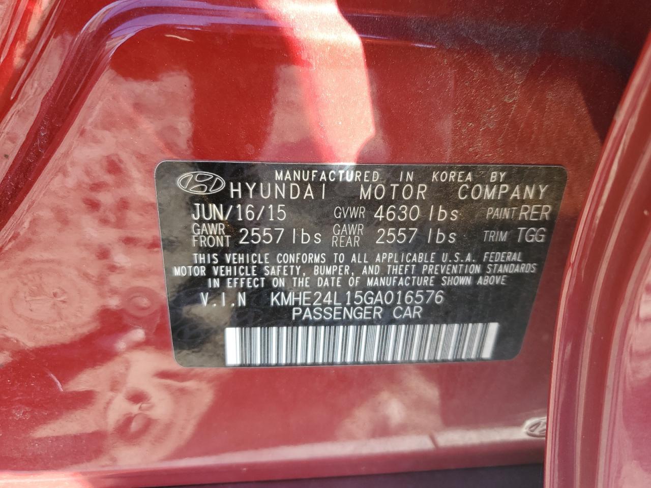 2016 Hyundai Sonata VIN KMHE24L15GA016576 Copart auction photo, front end damage thumbnail 15