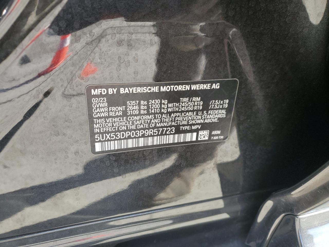 2023 BMW X3 VIN 5UX53DP03P9R57723 Copart auction photo, front end damage thumbnail 13