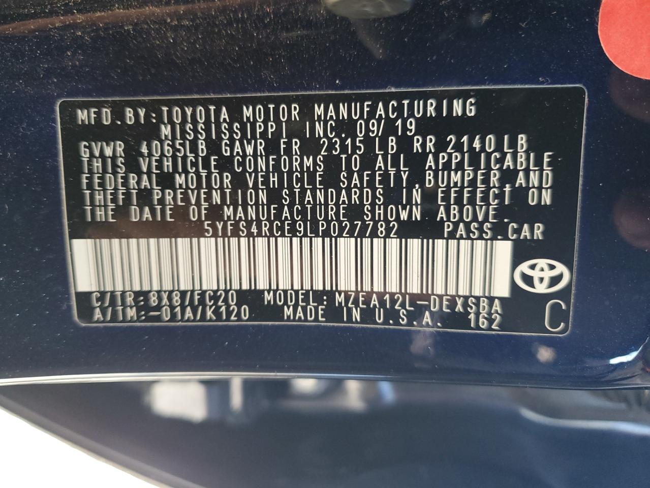 2020 Toyota Corolla VIN 5YFS4RCE9LP027782 Copart auction photo, all over damage thumbnail 12