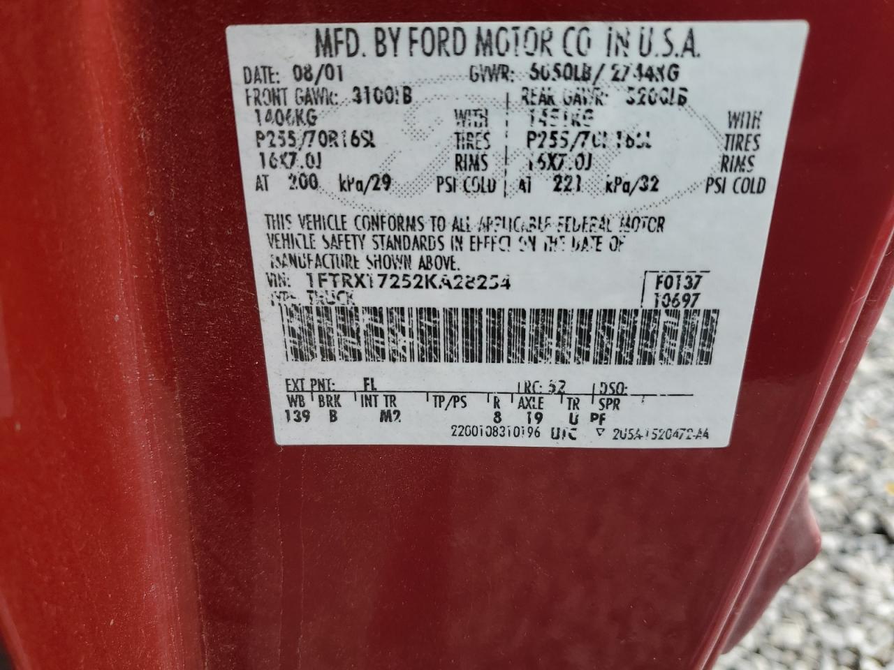 2002 Ford F-150 VIN 1FTRX17252KA28254 Copart auction photo, side / rear end damage thumbnail 12