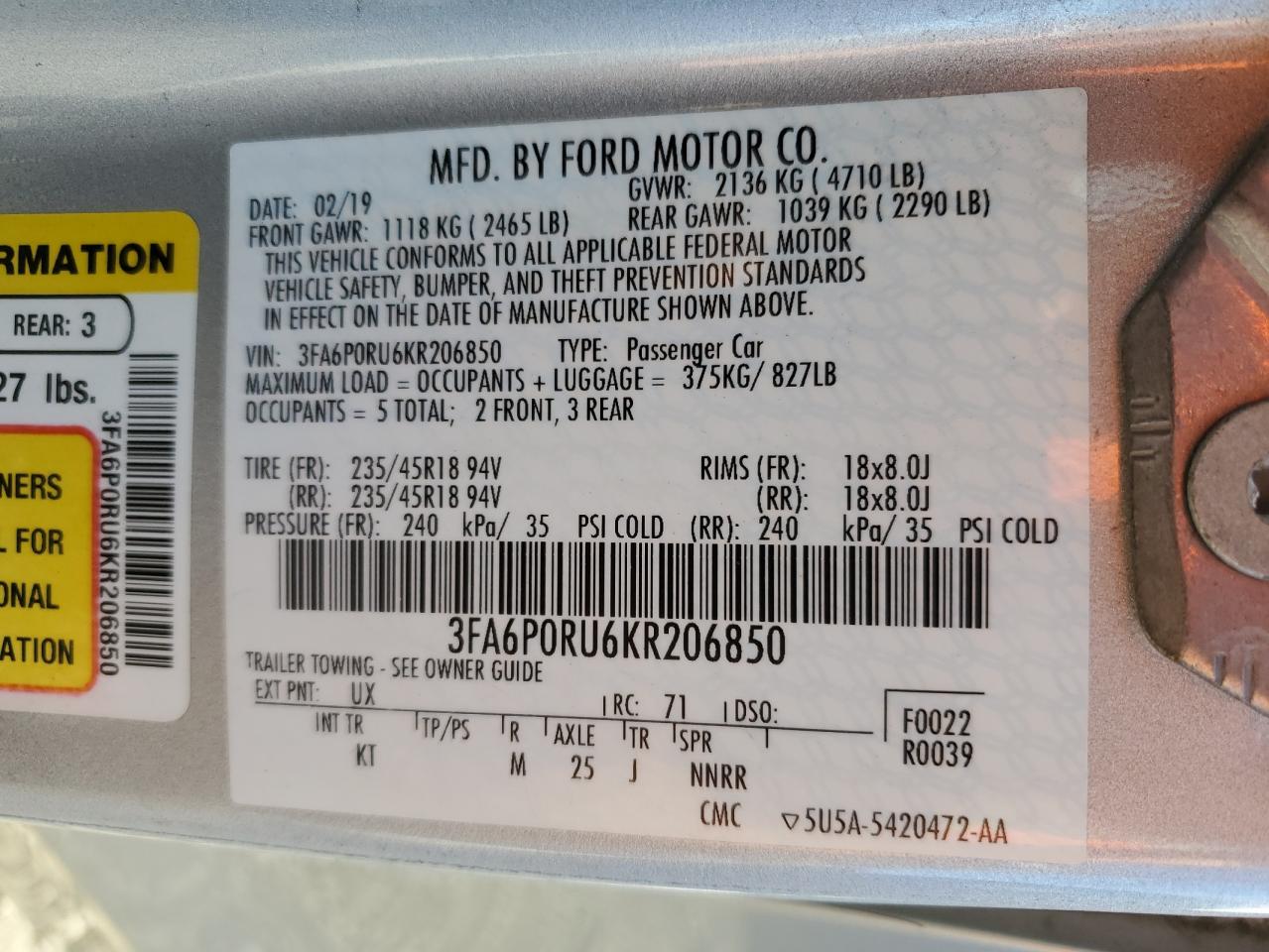 2019 Ford Fusion VIN 3FA6P0RU6KR206850 Copart auction photo, front end damage thumbnail 12