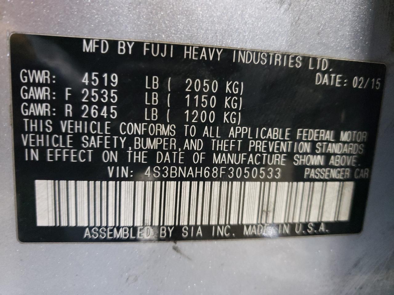 2015 Subaru Legacy VIN 4S3BNAH68F3050533 Copart auction photo, front end damage thumbnail 15