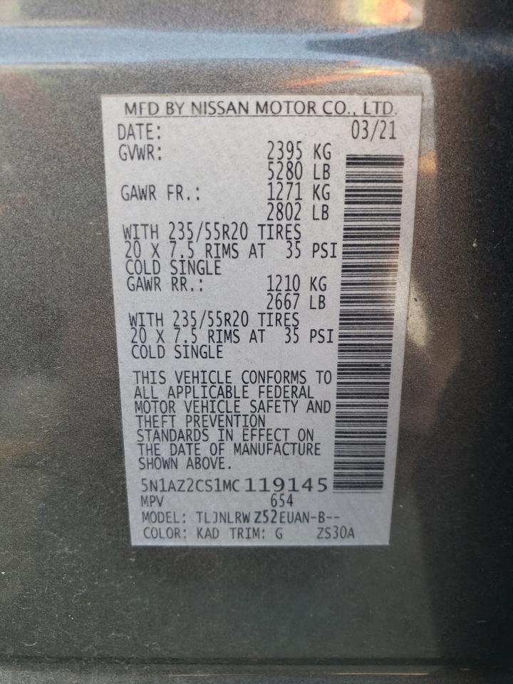 2021 Nissan Murano VIN 5N1AZ2CS1MC119145 Copart auction photo, front end damage thumbnail 13
