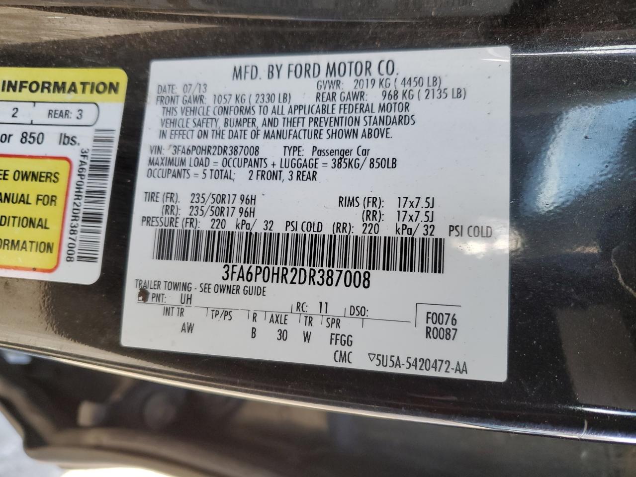 2013 Ford Fusion VIN 3FA6P0HR2DR387008 Copart auction photo, front end / side damage thumbnail 14