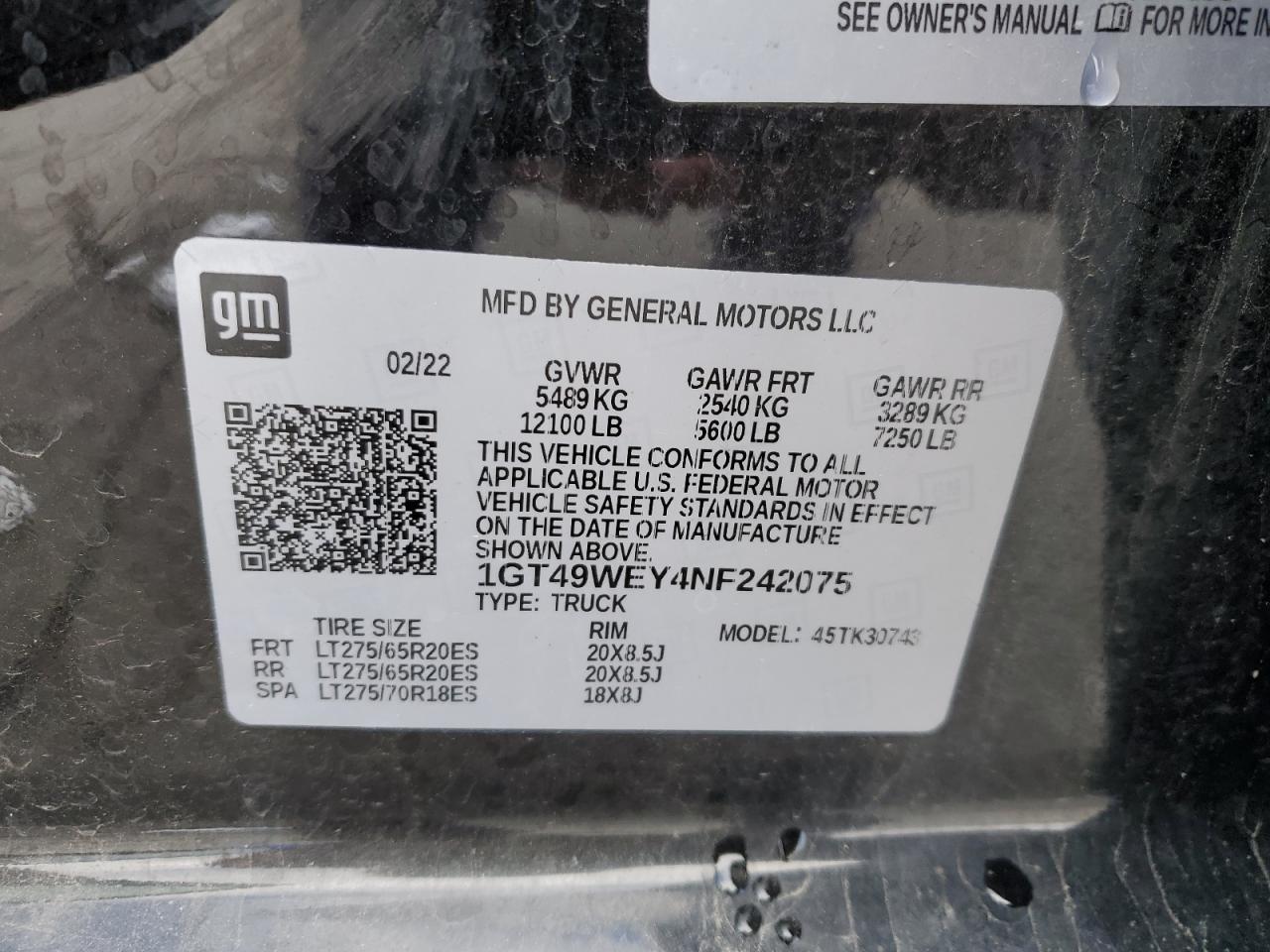 2022 GMC Sierra VIN 1GT49WEY4NF242075 Copart auction photo, front end / side damage thumbnail 14