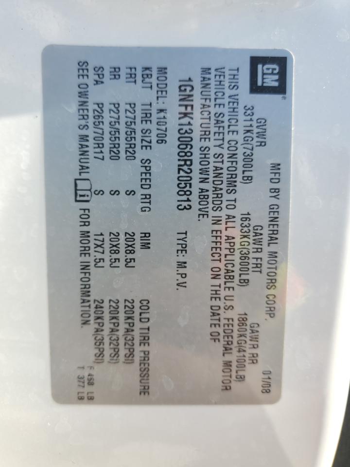2008 Chevrolet Tahoe VIN 1GNFK13068R205813 Copart auction photo, front end / side damage thumbnail 12