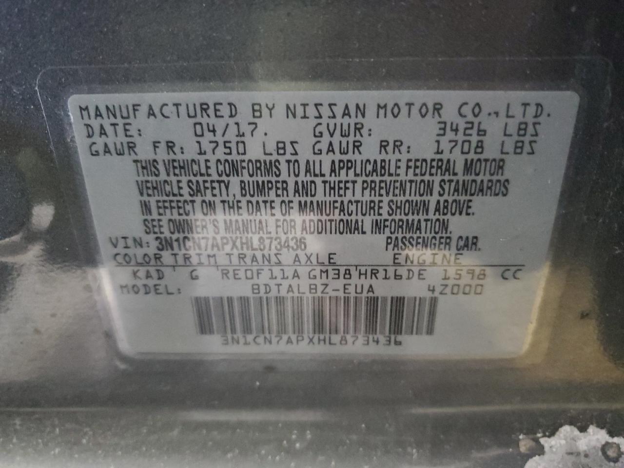 2017 Nissan Versa VIN 3N1CN7APXHL873436 Copart auction photo, front end damage thumbnail 13