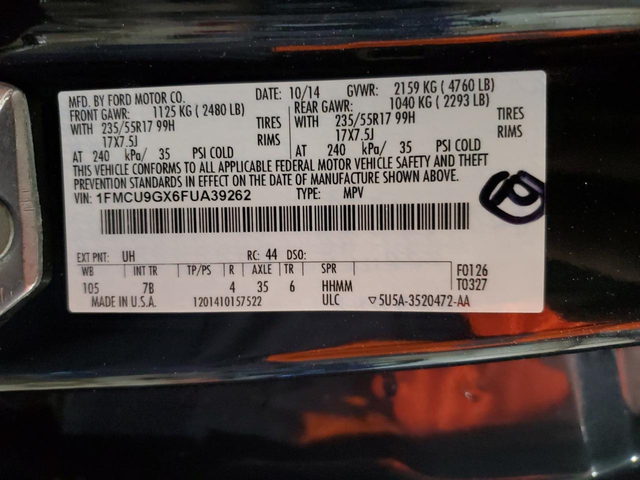 2015 Ford Escape VIN 1FMCU9GX6FUA39262 Copart auction photo, front end damage thumbnail 15