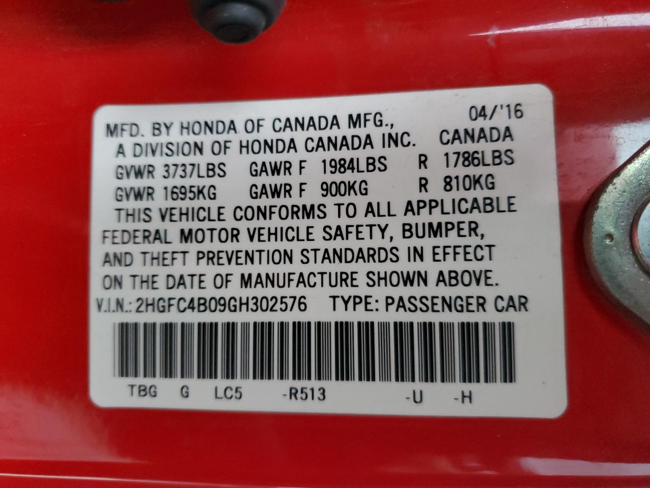 2016 Honda Civic VIN 2HGFC4B09GH302576 Copart auction photo, front end / side damage thumbnail 15