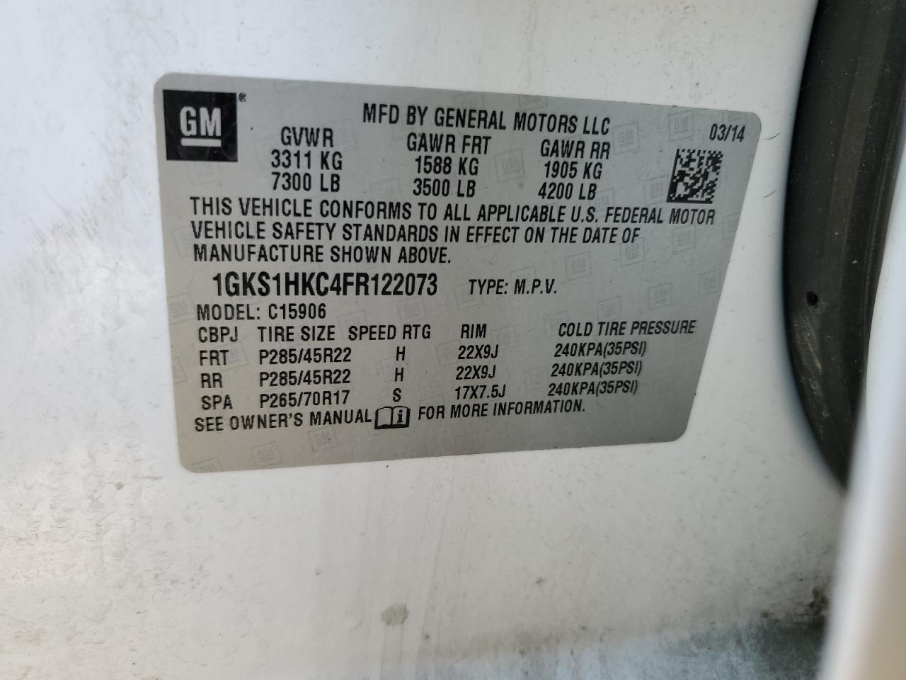 2015 GMC Yukon VIN 1GKS1HKC4FR122073 Copart auction photo, all over damage thumbnail 13