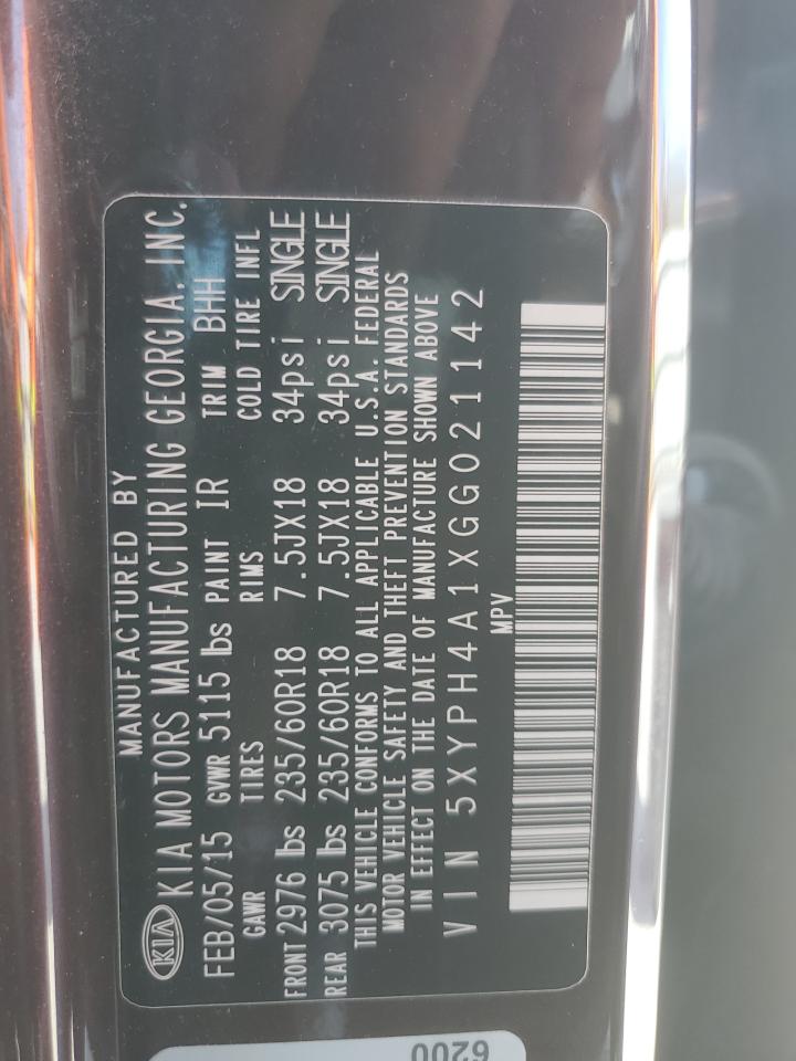 2016 KIA Sorento VIN 5XYPH4A1XGG021142 Copart auction photo, front end damage thumbnail 13