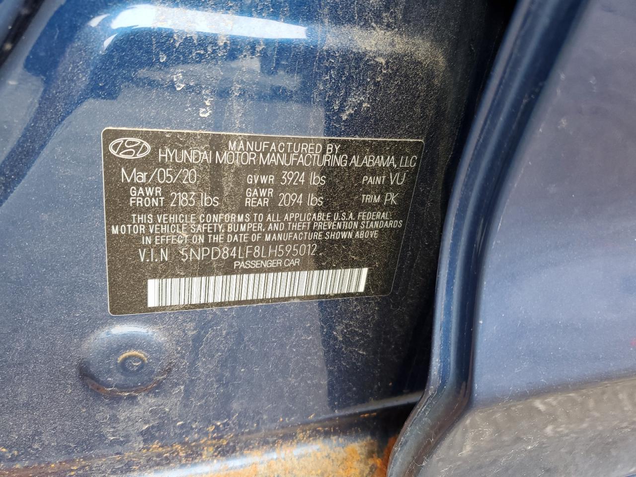 2020 Hyundai Elantra VIN 5NPD84LF8LH595012 Copart auction photo, hail damage thumbnail 12