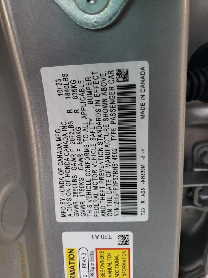 2024 Honda Civic VIN 2HGFE2F57RH514562 Copart auction photo, front end / undercarriage damage thumbnail 12