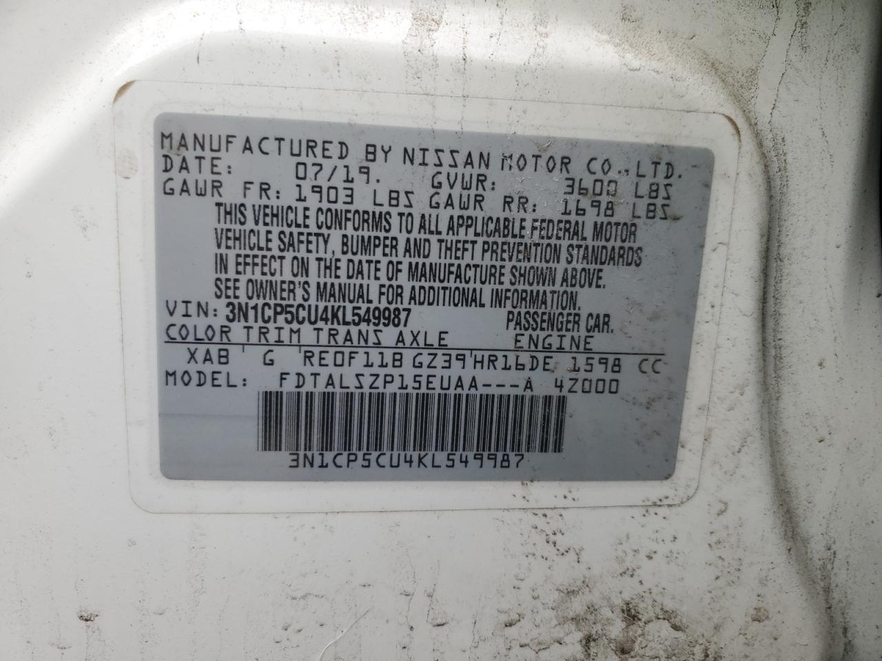 2019 Nissan Kicks VIN 3N1CP5CU4KL549987 Copart auction photo, front end / side damage thumbnail 13