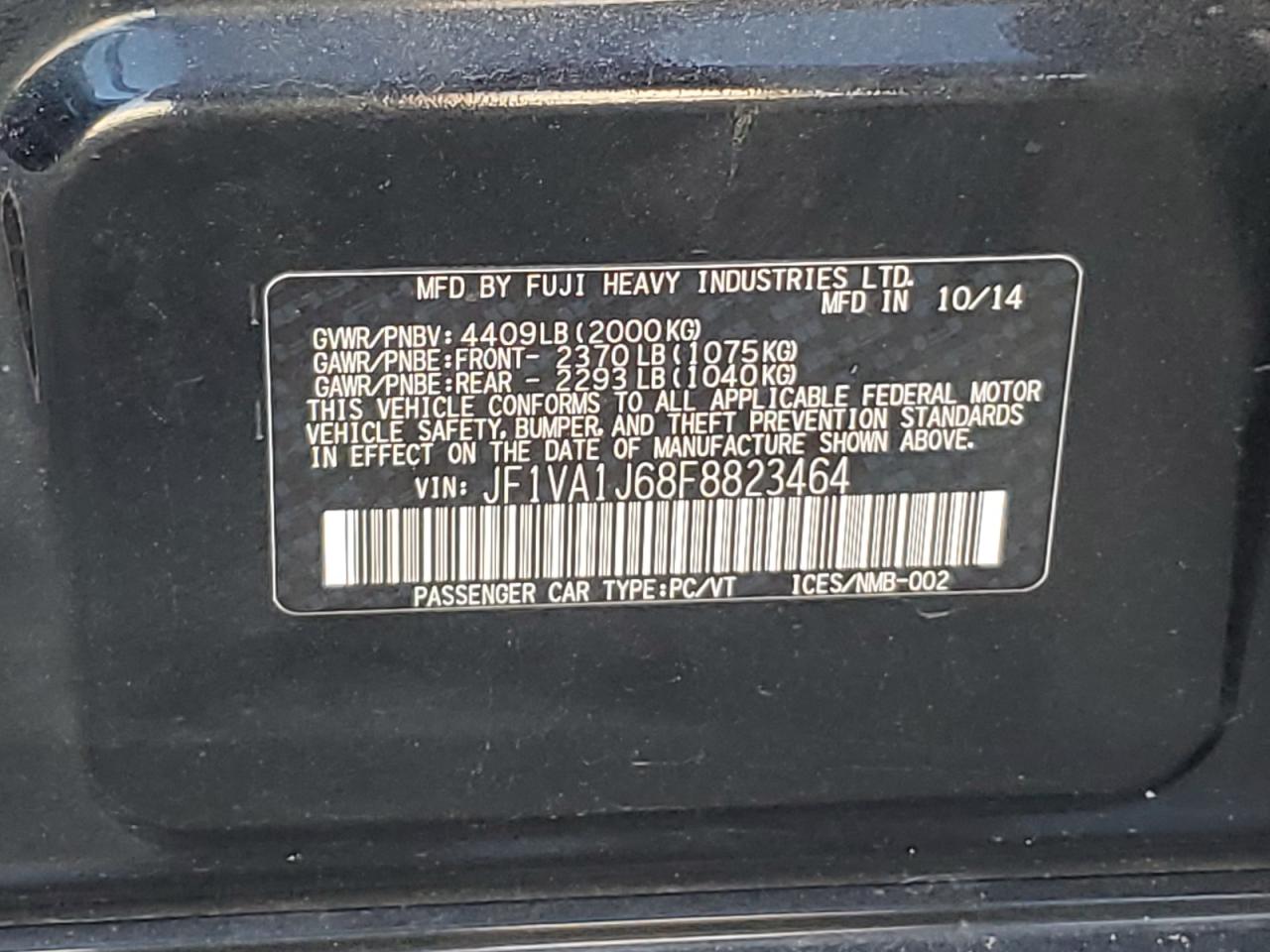 2015 Subaru WRX VIN JF1VA1J68F8823464 Copart auction photo, side / undercarriage damage thumbnail 12