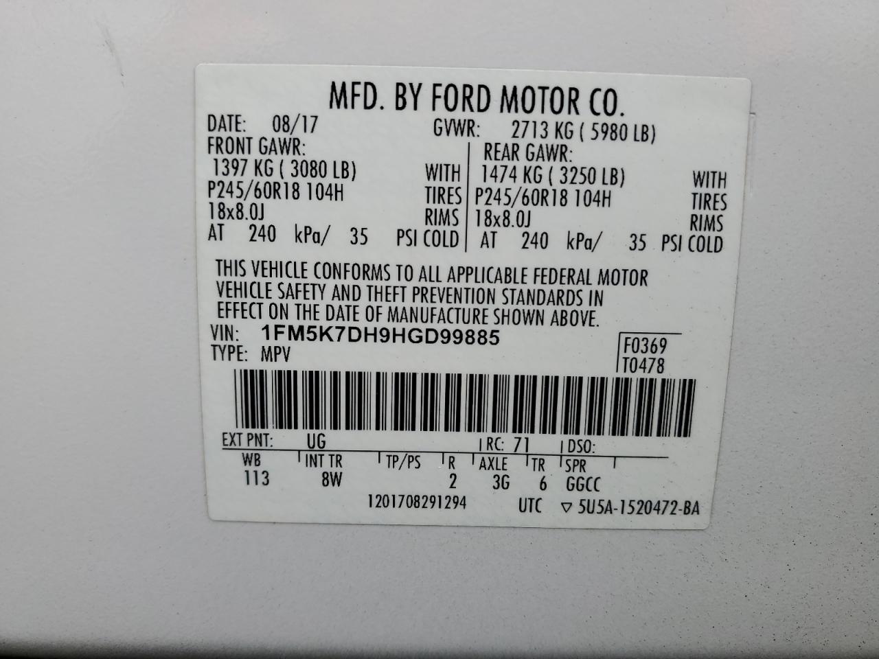 2017 Ford Explorer VIN 1FM5K7DH9HGD99885 Copart auction photo, side / rear end damage thumbnail 13