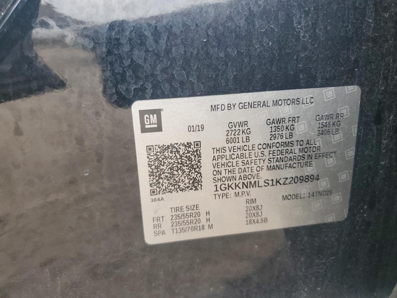 2019 GMC Acadia VIN 1GKKNMLS1KZ209894 Copart auction photo, front end damage thumbnail 14