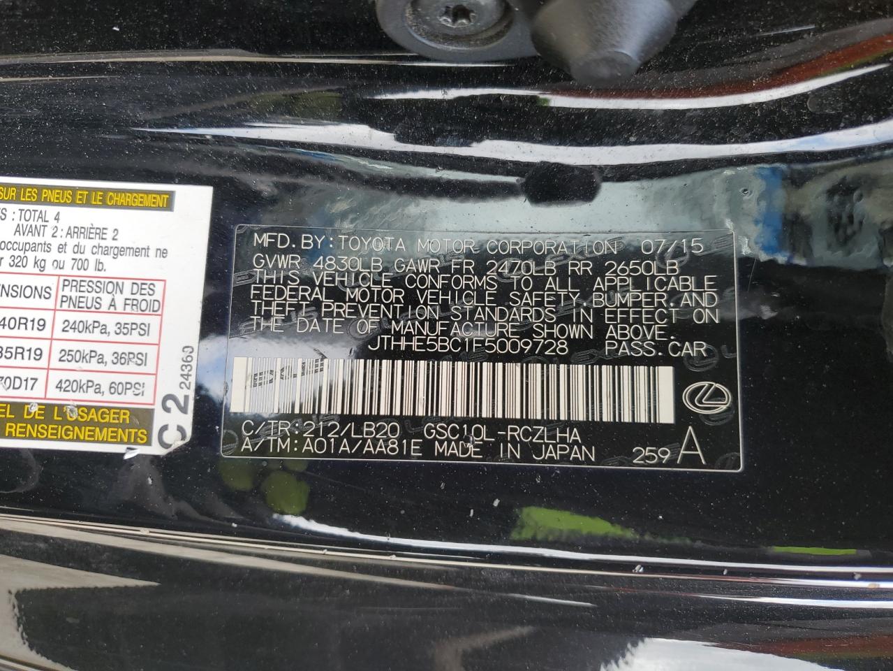 2015 Lexus RX VIN JTHHE5BC1F5009728 Copart auction photo, rollover damage thumbnail 12