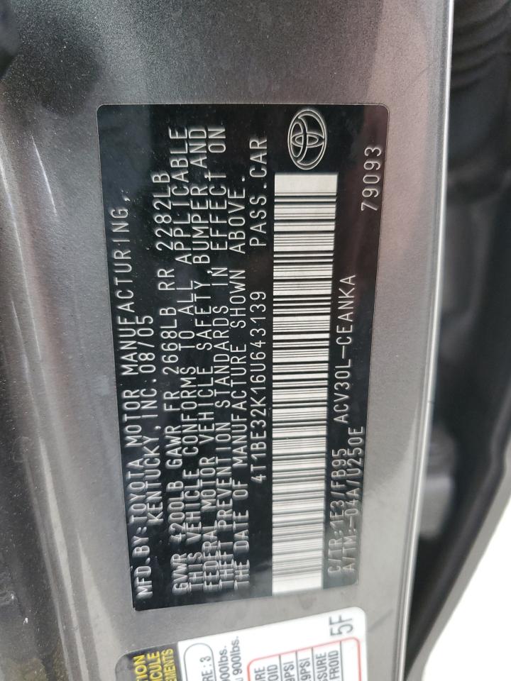 2006 Toyota Camry VIN 4T1BE32K16U643139 Copart auction photo, mechanical damage thumbnail 12
